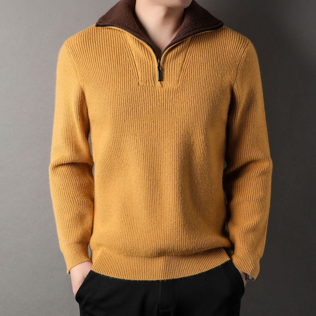 Men Sweater | Quarter-Zip Ribbed Knit with Contrast Collar