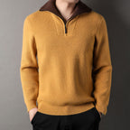 Men Sweater | Quarter-Zip Ribbed Knit with Contrast Collar