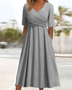 Women Dress | A-Line Midi Cut with V-Neck and Gathered Waist
