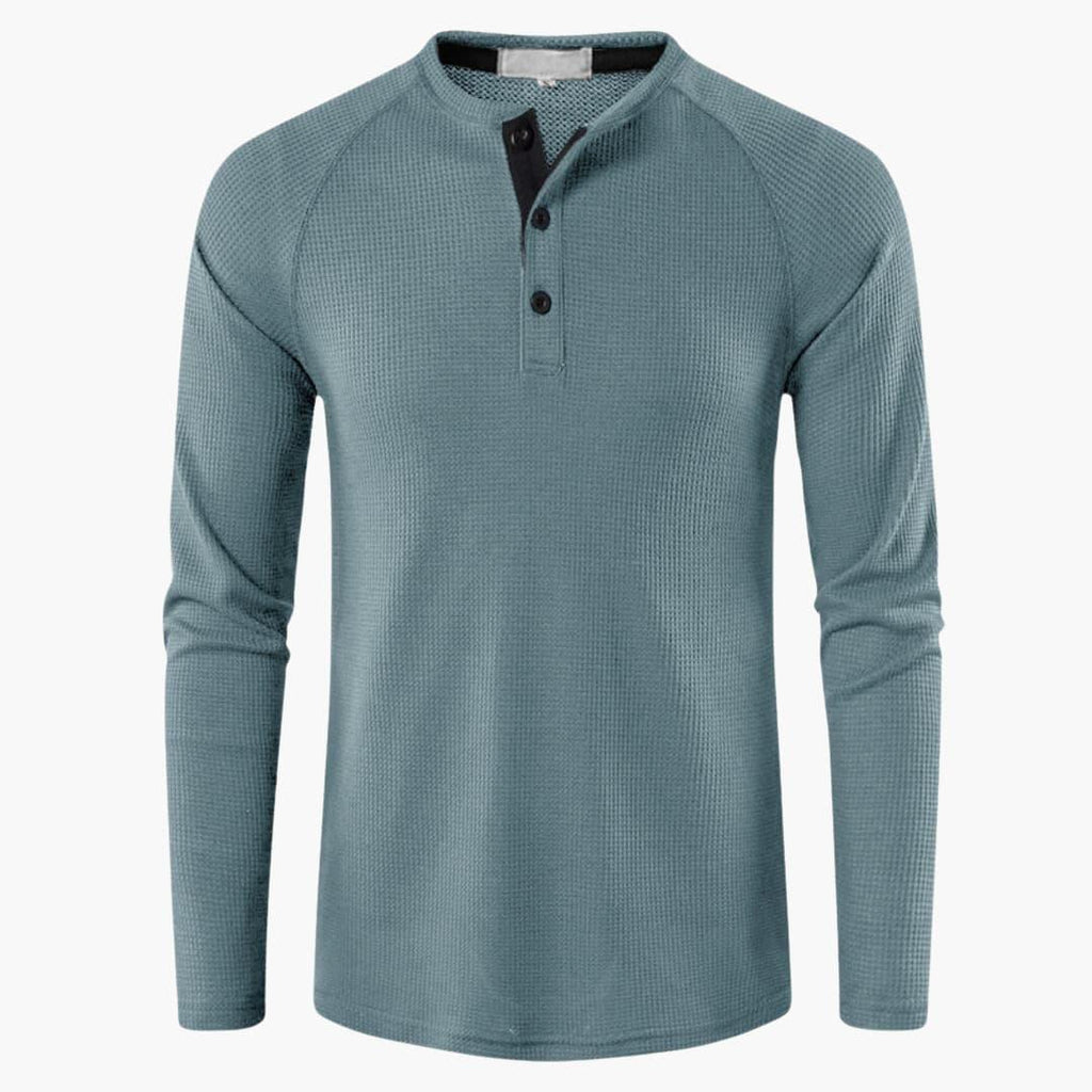 Men T-Shirt | Waffle-Knit Henley with Relaxed Fit Long Sleeve