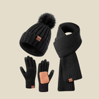Women Set | Ribbed Knit Beanie Scarf and Gloves Three-Piece