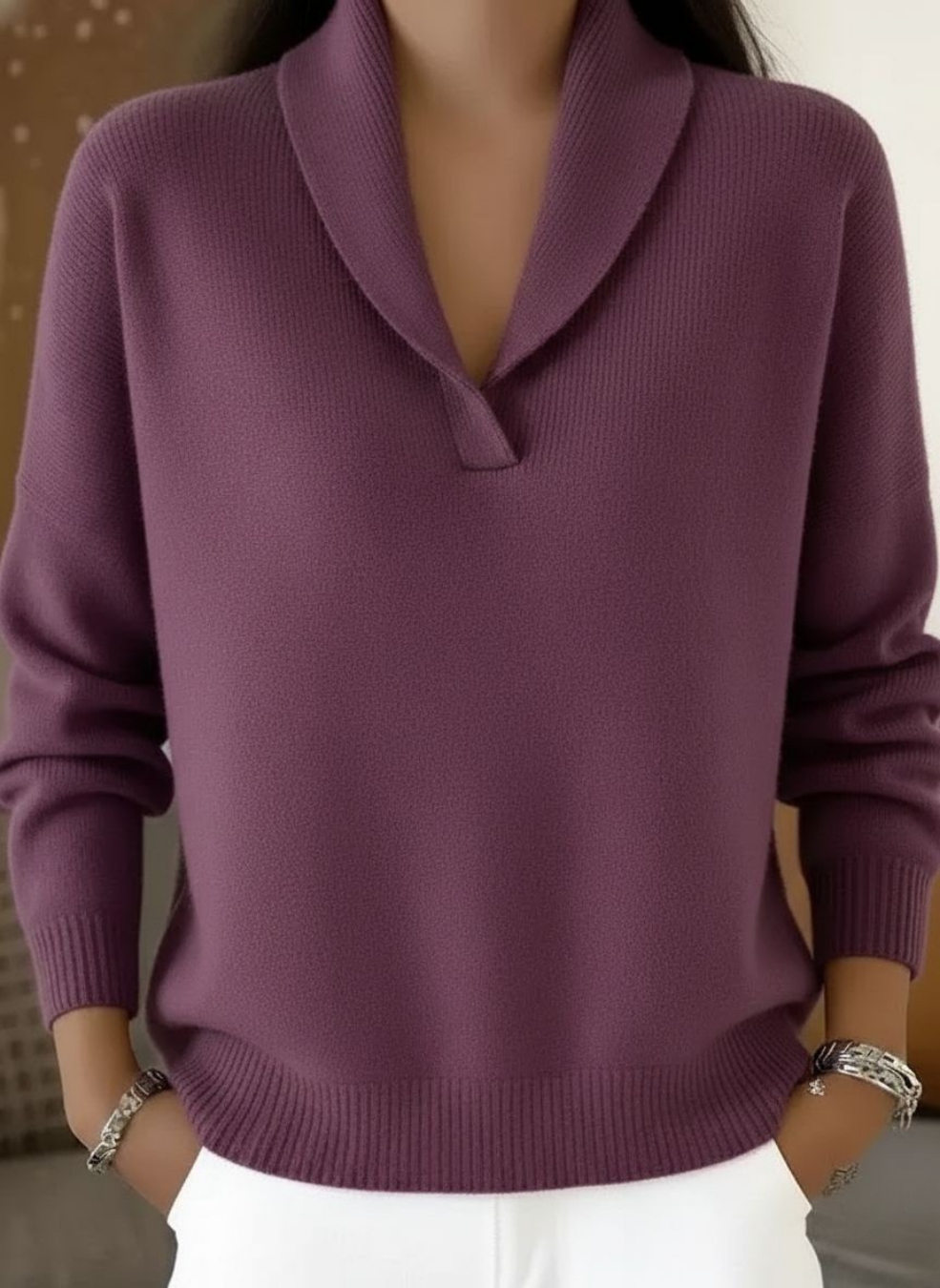Women Sweater | Shawl Collar Relaxed Fit with Ribbed Cuffs