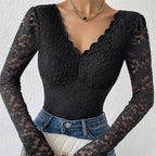 Women Lace Top | Long Sleeve Sweetheart Neckline Fitted Cut