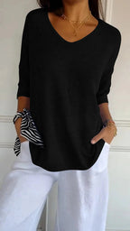 Women Sweater | Ribbed V-Neck Pullover with Long Sleeves