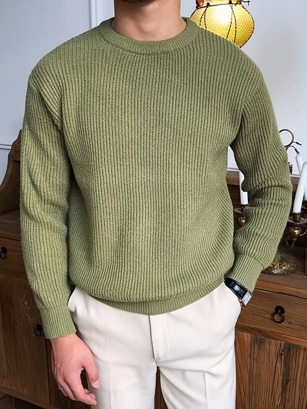 Men Sweatshirt | Crew Neck Ribbed Knit with Long Sleeves