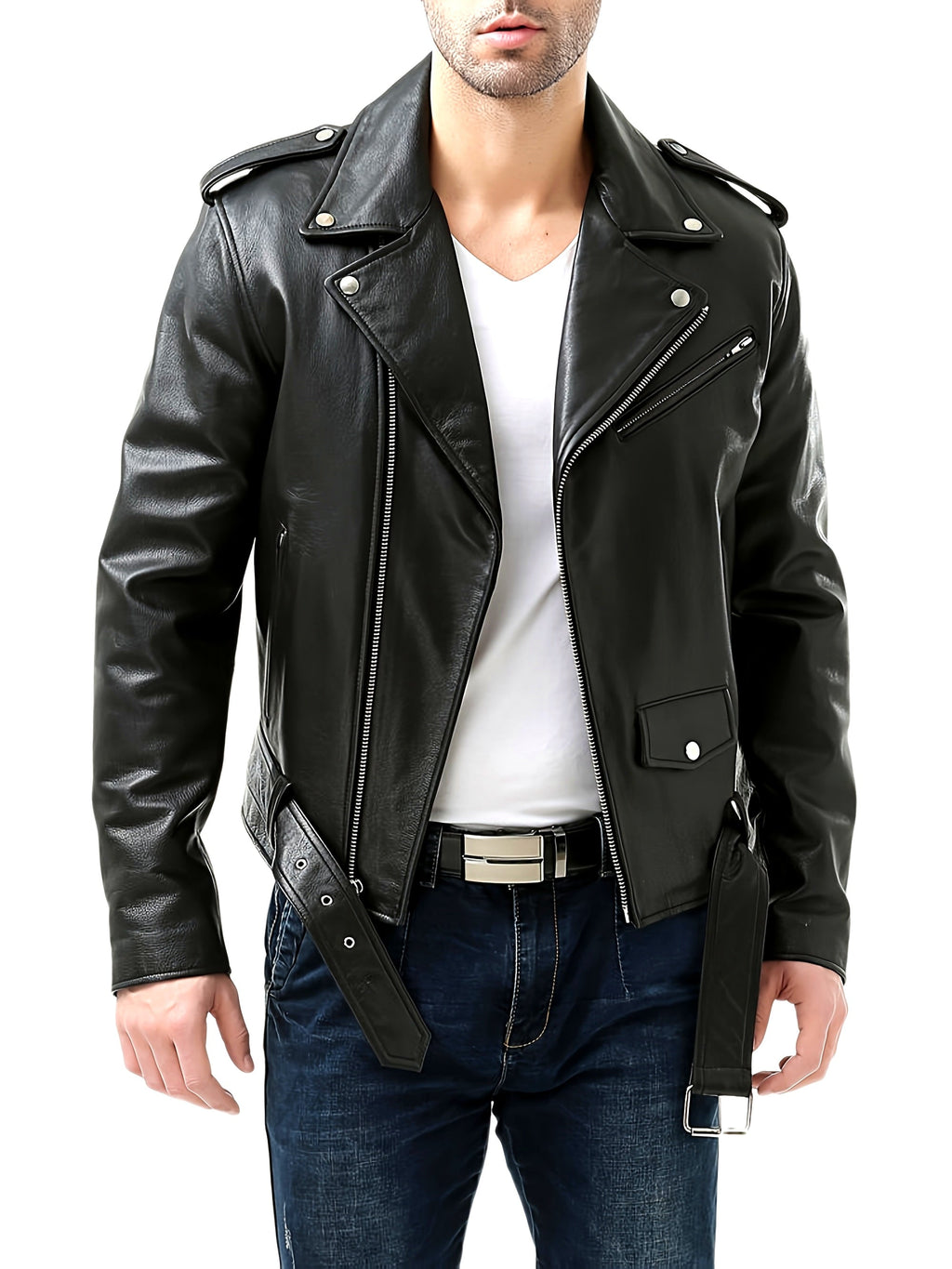 Men Jacket | Asymmetric Zip Biker with Belted Waist Fit