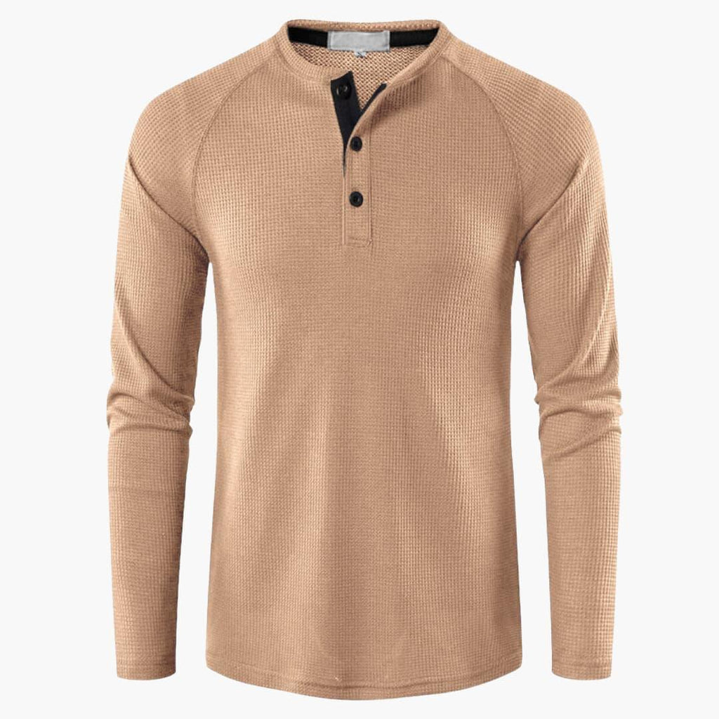 Men T-Shirt | Waffle-Knit Henley with Relaxed Fit Long Sleeve