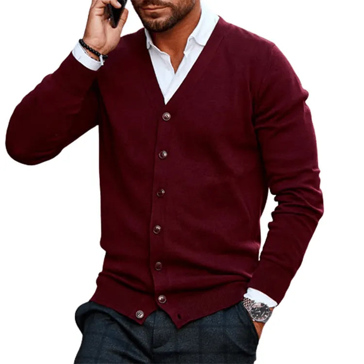 Men Cardigan | V-Neck Button Front with Ribbed Trim