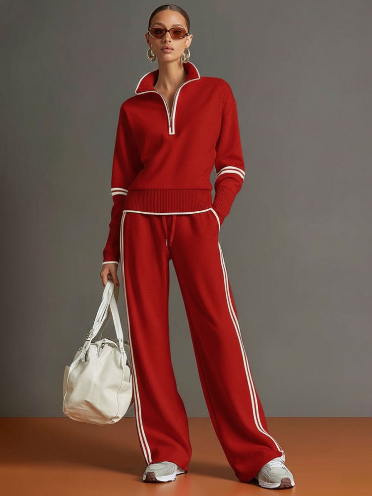 Women Set | Quarter-Zip Pullover With Wide Leg Trousers