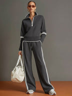 Women Set | Quarter-Zip Pullover With Wide Leg Trousers