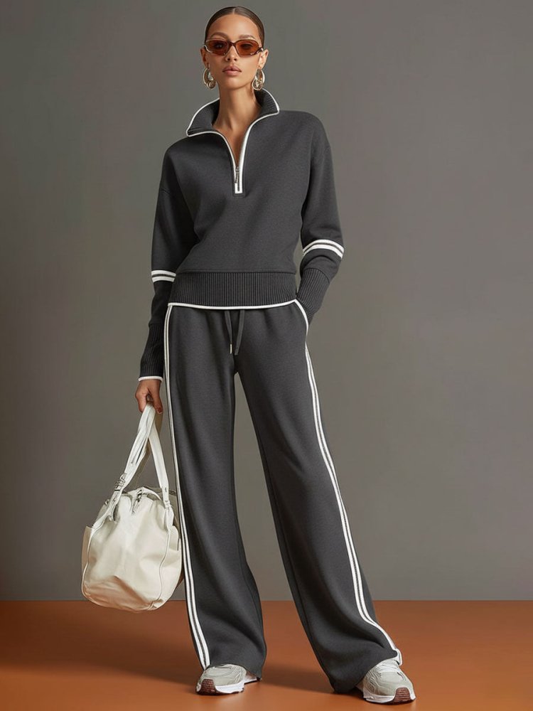 Women Set | Quarter-Zip Pullover With Wide Leg Trousers