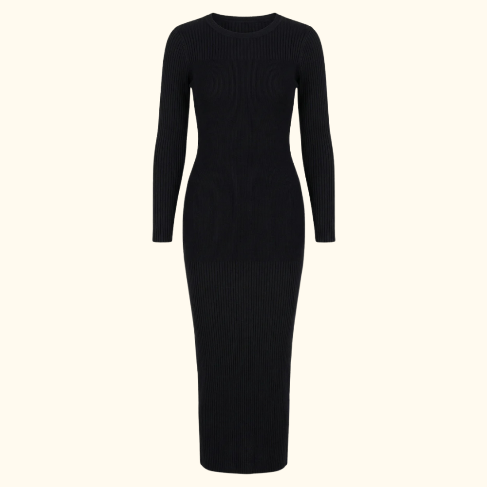 The Evergreen Outfits Bodycon Midi Dress for women features a black ribbed knit, long sleeves, crew neckline, and fitted silhouette, displayed on a plain light background.