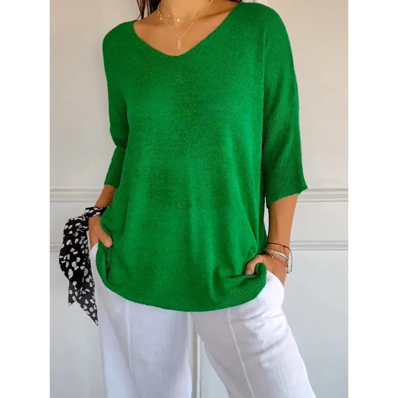 Women Sweater | Ribbed V-Neck Pullover with Long Sleeves
