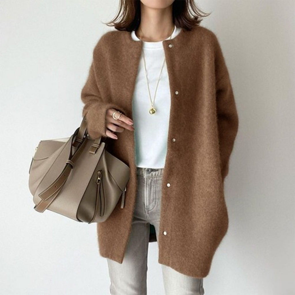 Women Cardigan | Loose Fit Round Neck with Front Pockets