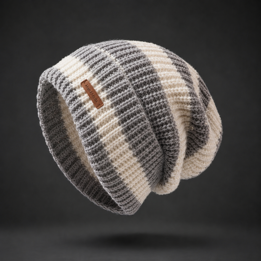 Men Beanie | Ribbed Knit Slouchy Fit with Striped Pattern
