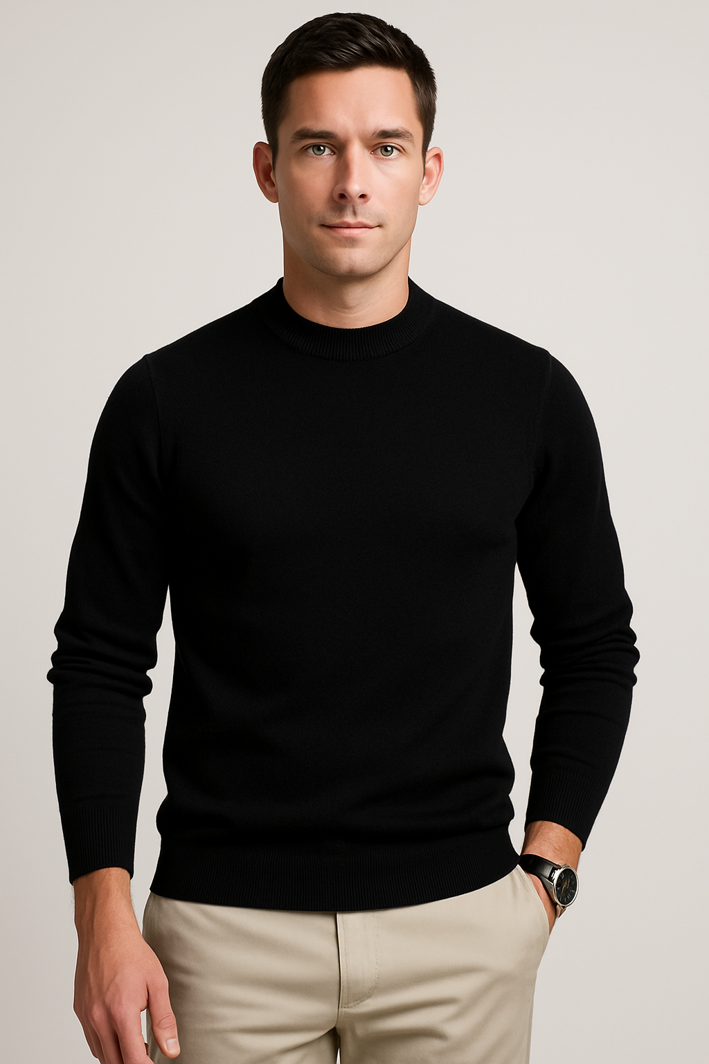 Men Sweatshirt | Ribbed Crew Neck Pullover with Fitted Hem