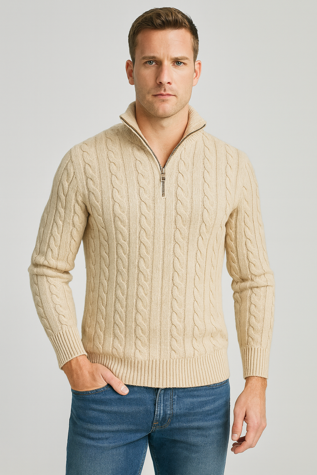 Men Sweater | Half-Zip High Collar with Ribbed Finish