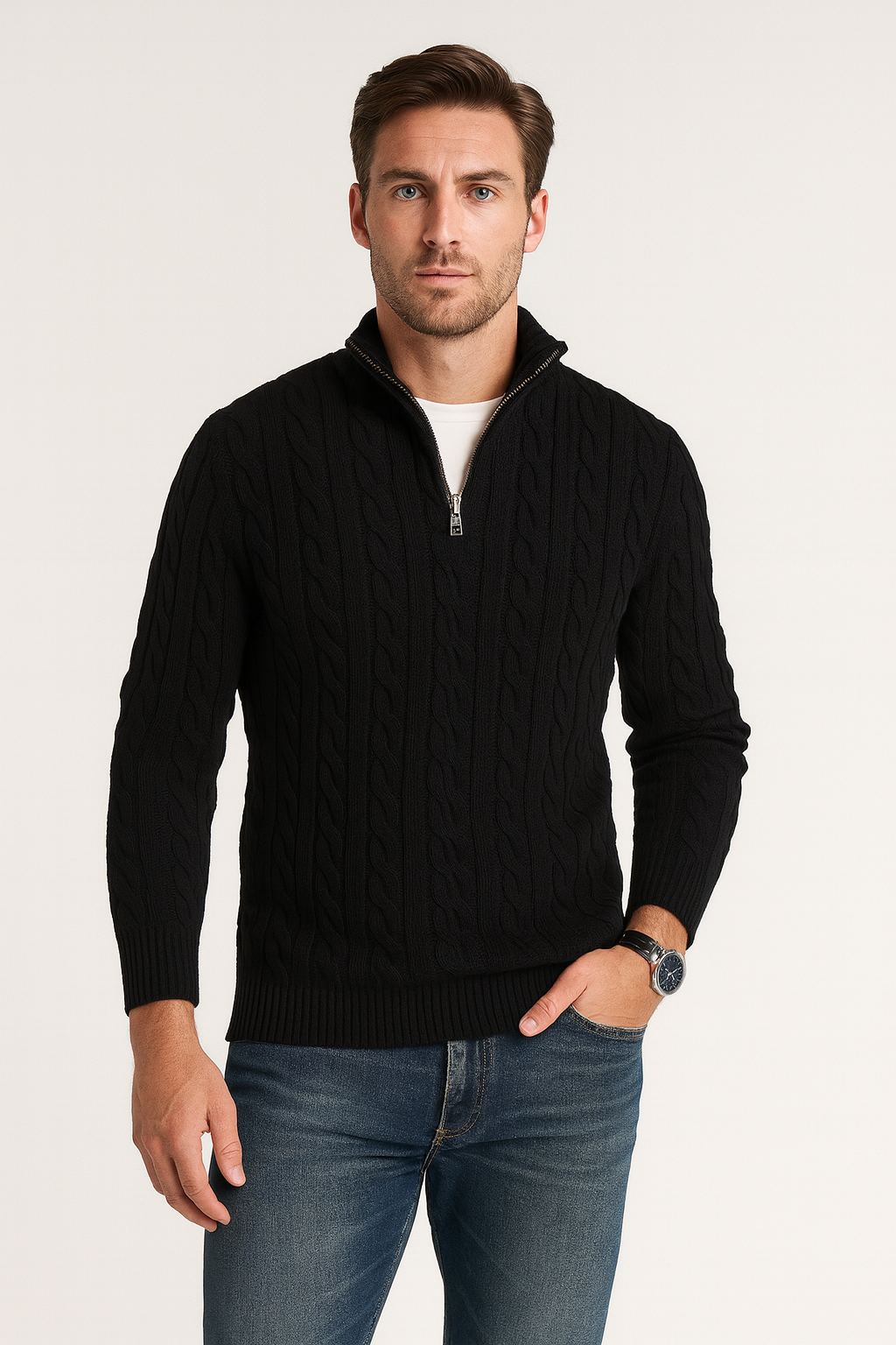 Men Sweater | Half-Zip High Collar with Ribbed Finish