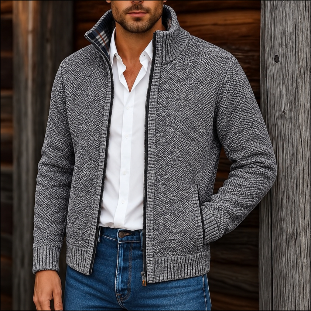 Men Cardigan | Full-Zip Stand Collar with Ribbed Trim