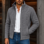 Men Cardigan | Full-Zip Stand Collar with Ribbed Trim