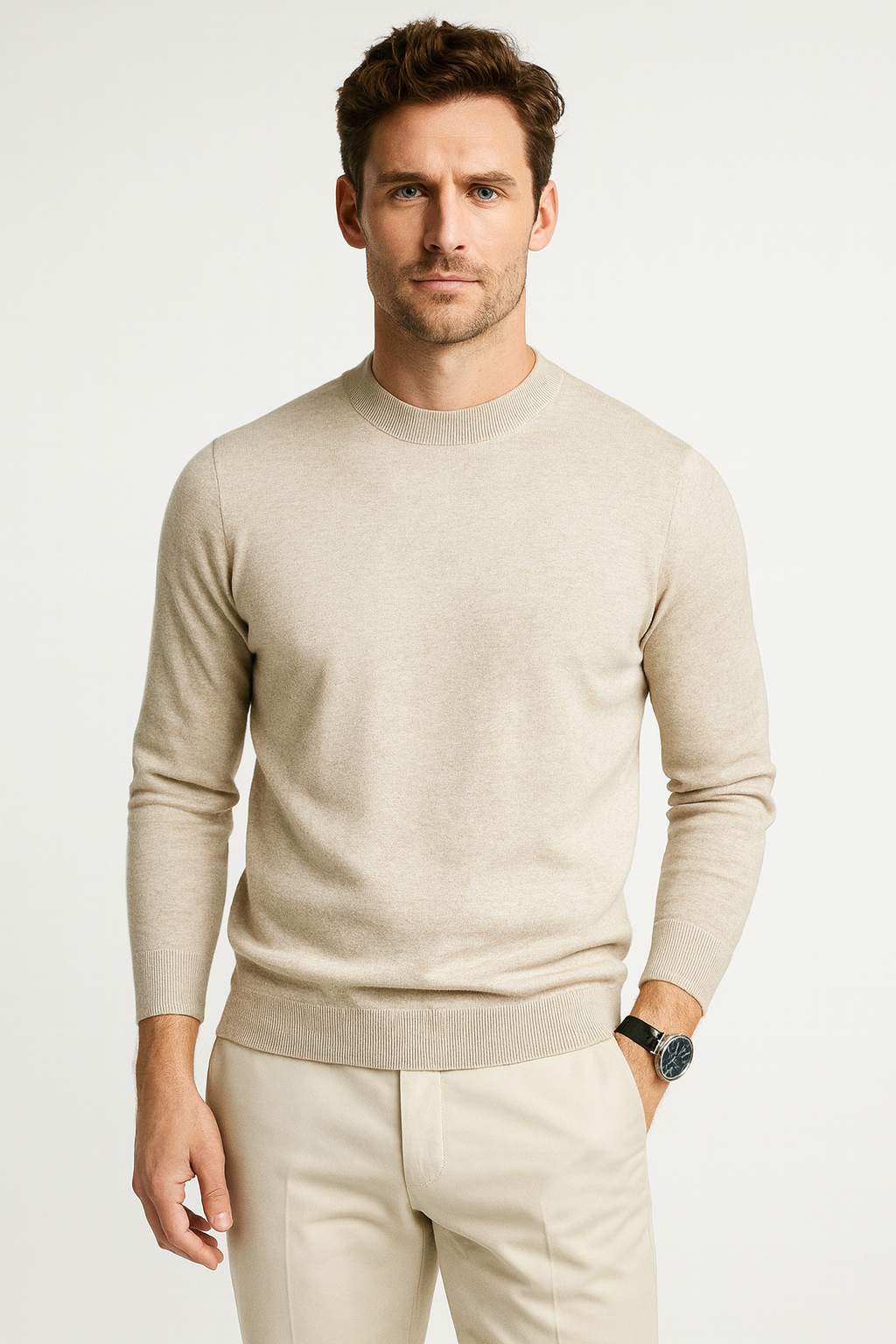 Men Sweatshirt | Ribbed Crew Neck Pullover with Fitted Hem