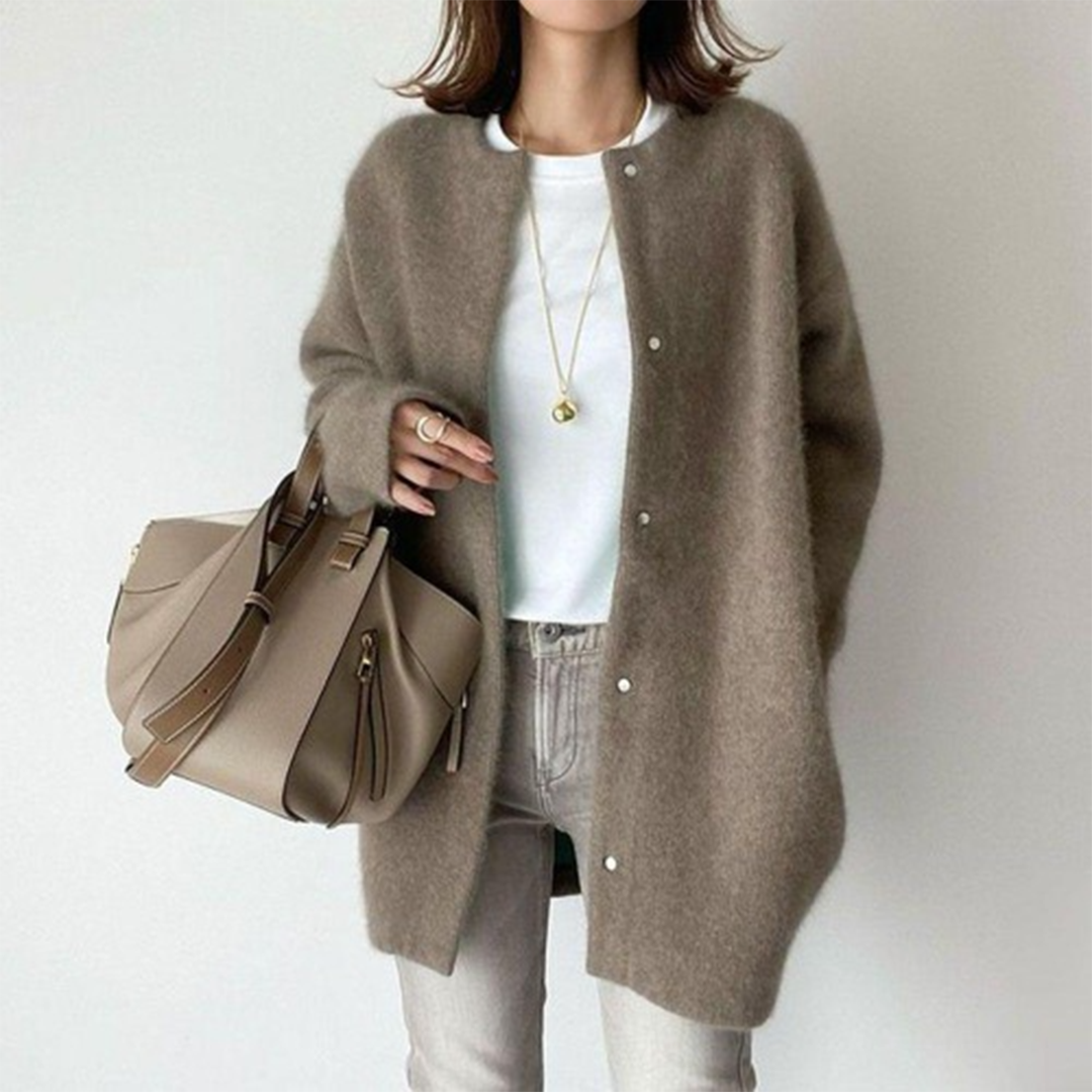 Women Cardigan | Loose Fit Round Neck with Front Pockets