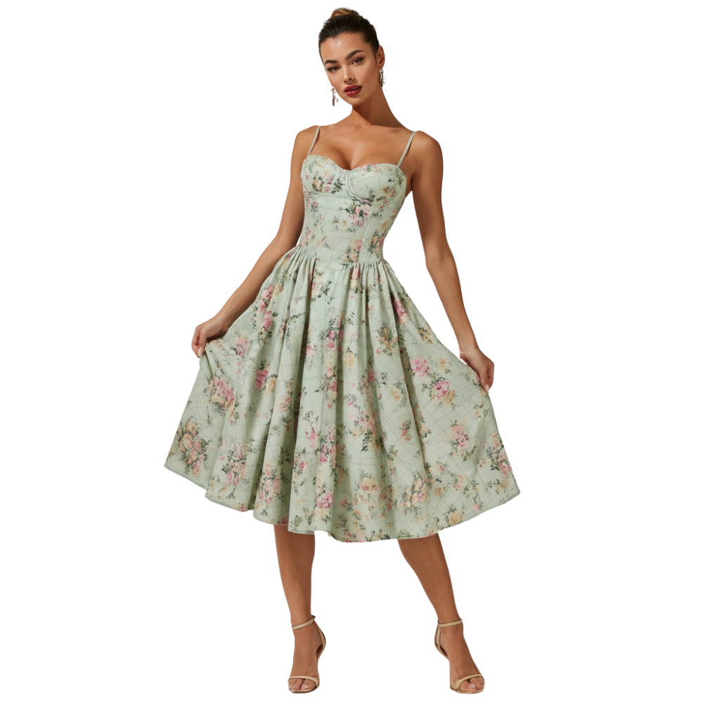 Corset Midi Dress Women Sweetheart Neckline Design