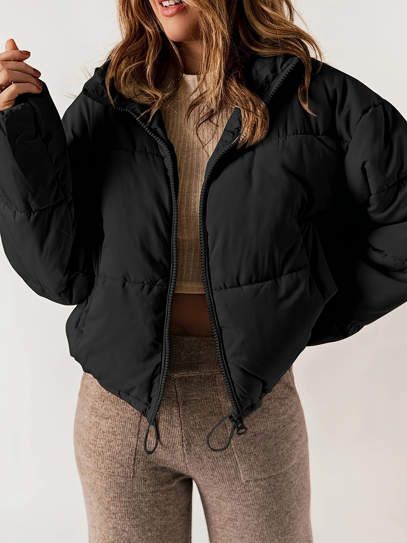 Women Puffer Jacket | Quilted Loose Fit with Zipper Front