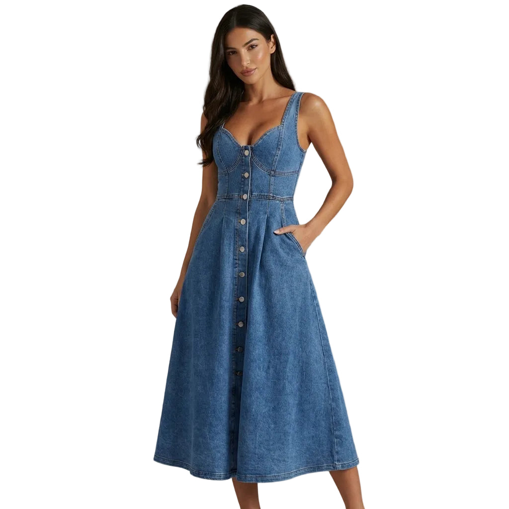 Dress Women Midi Sleeveless Button Front Tailored Fit