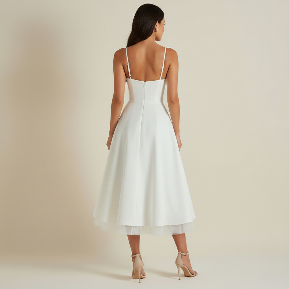 A woman faces away, wearing the Evergreen Outfits Dress Women Sweetheart Neckline Detailing Design—sleeveless, tea-length with thin straps and an open back—paired with nude heels against a neutral background.