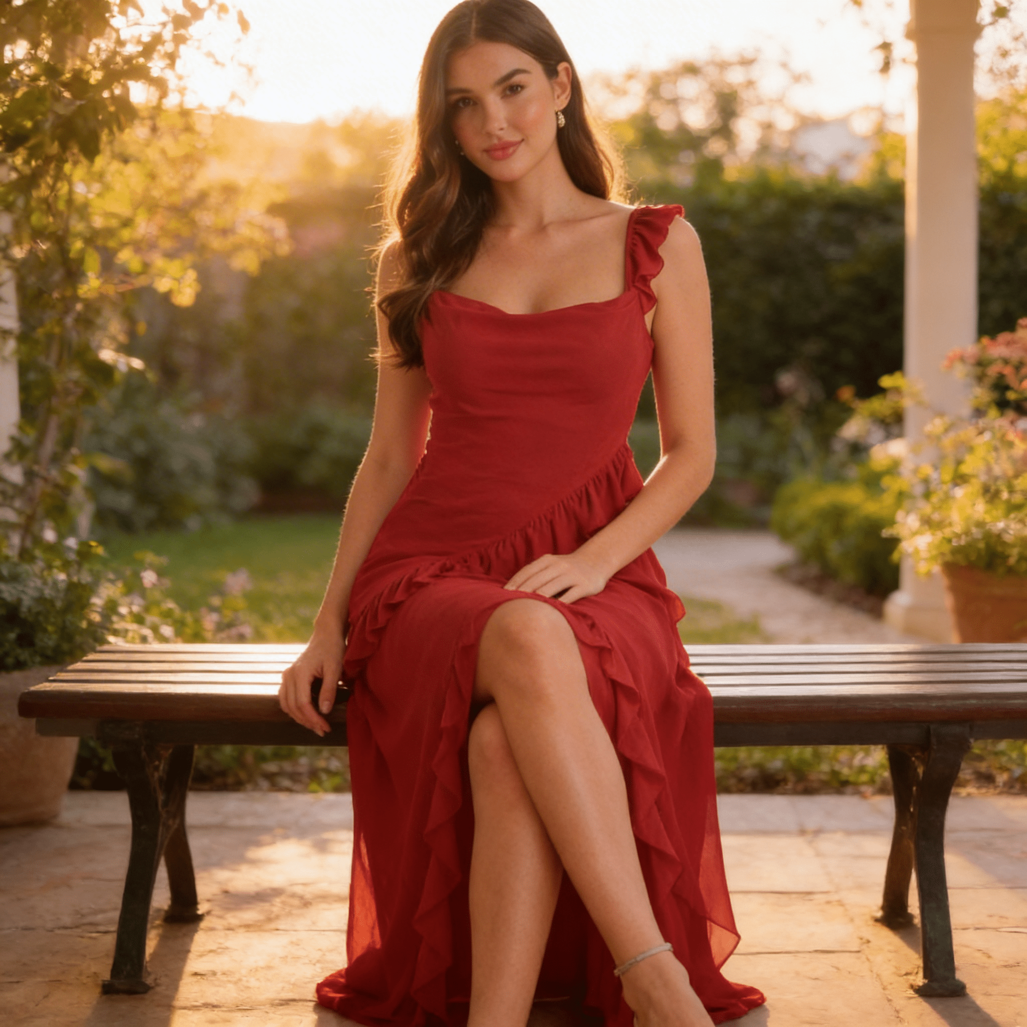 Woman in a red dress sitting on a bench in a garden setting
