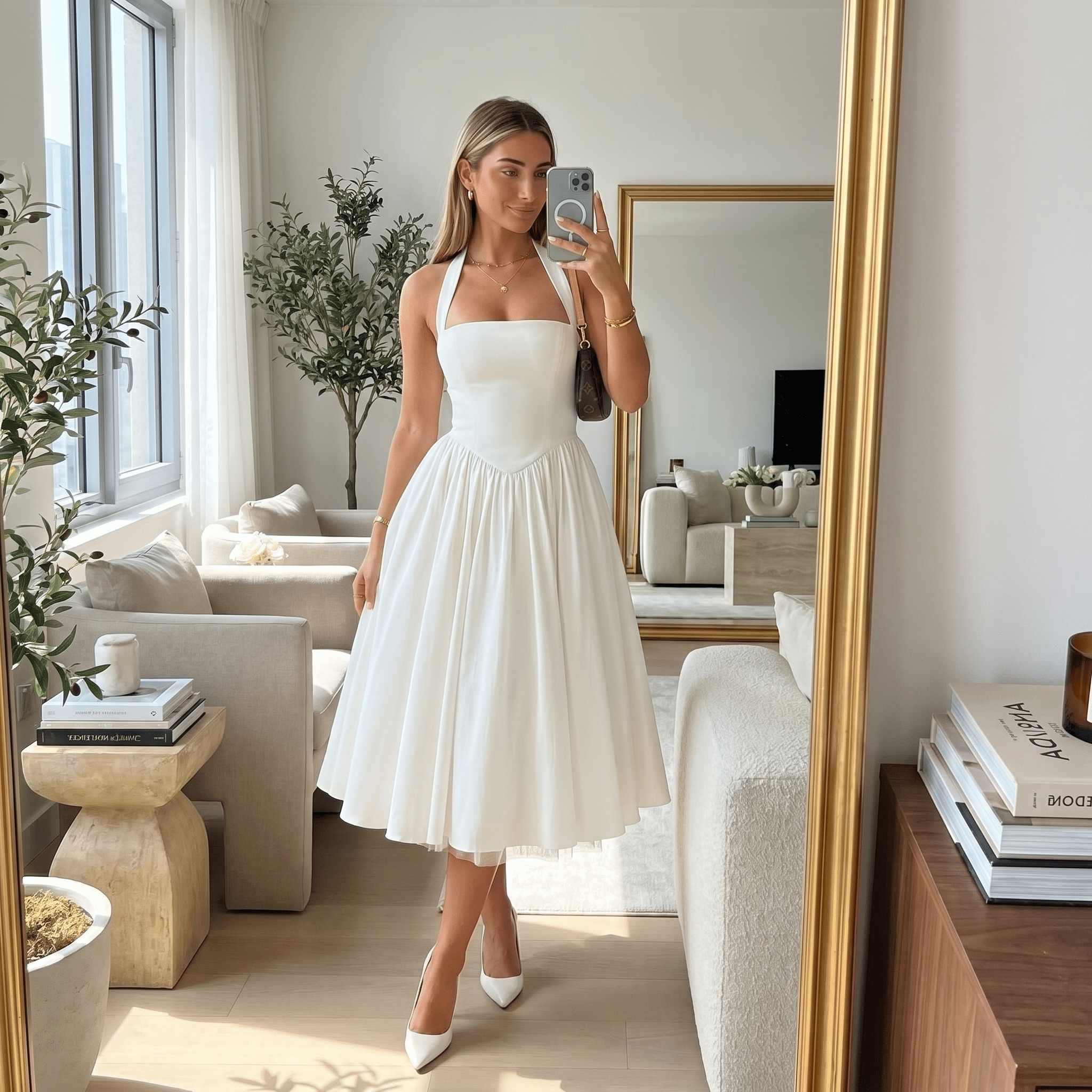Woman taking a mirror selfie wearing a white dress in a stylish living room.