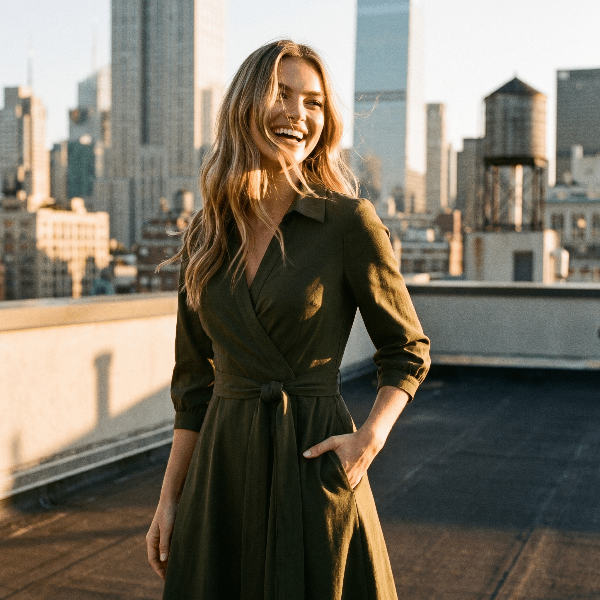 Woman in a green dress standing on a rooftop with city skyline in the background