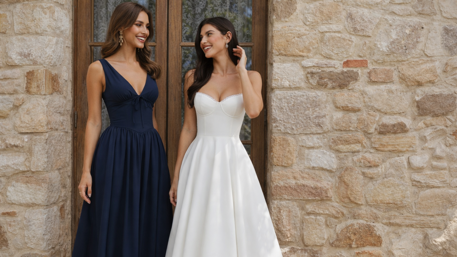 Two women wearing navy and white dresses standing against a stone wall.