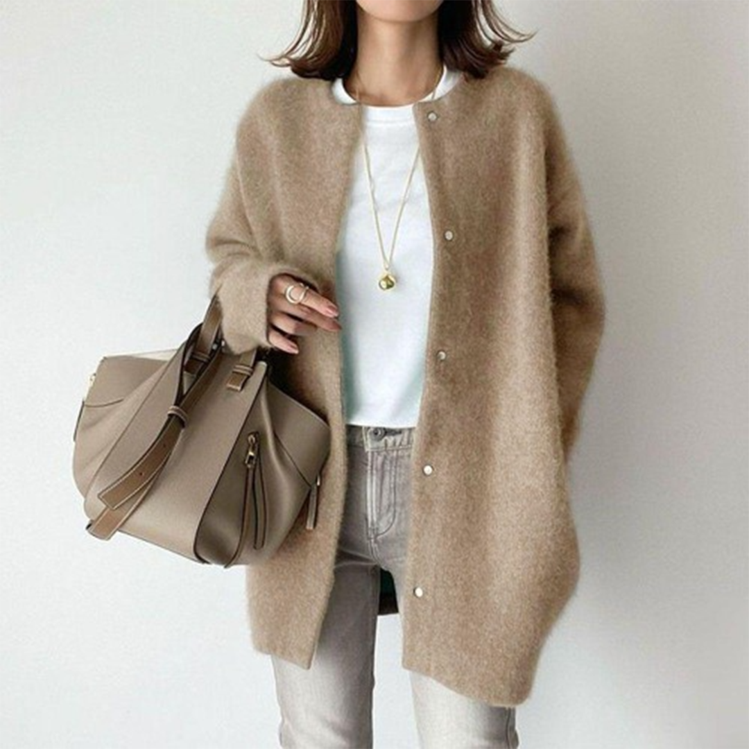 Women Cardigan | Loose Fit Round Neck with Front Pockets