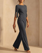 Women Jumpsuit | Fitted Bodice with Wide-Leg and Pearl Details