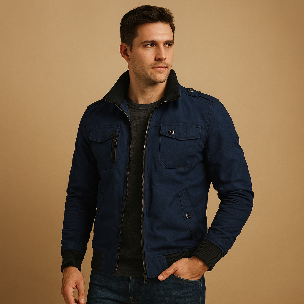 Men Jacket | High Collar Bomber with Zip Pocket Detail