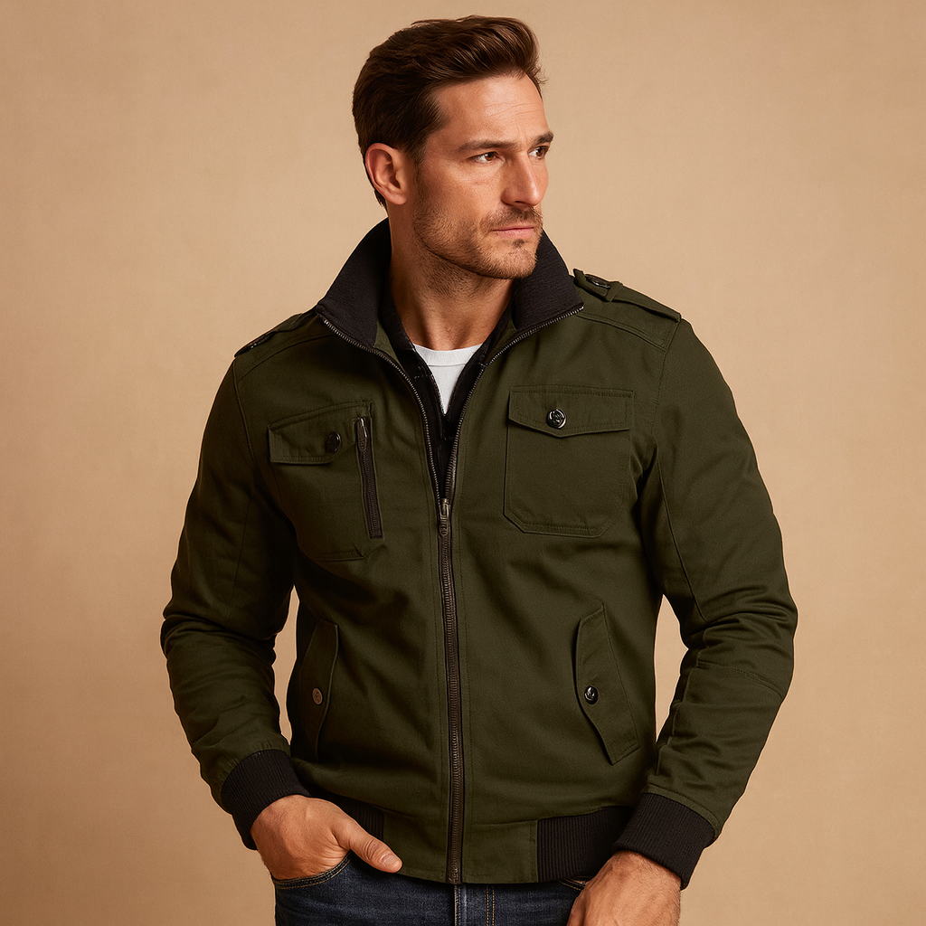 Men Jacket | High Collar Bomber with Zip Pocket Detail