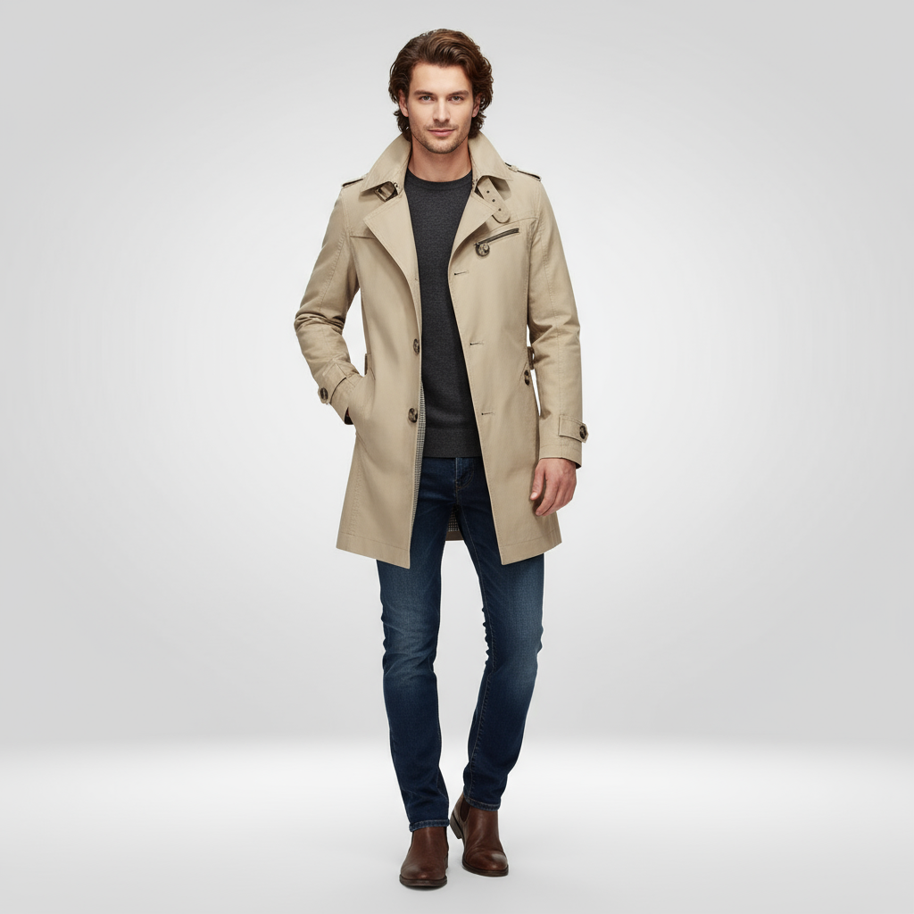 Men Coat | Regular Fit with Button and Belt Waist Closure