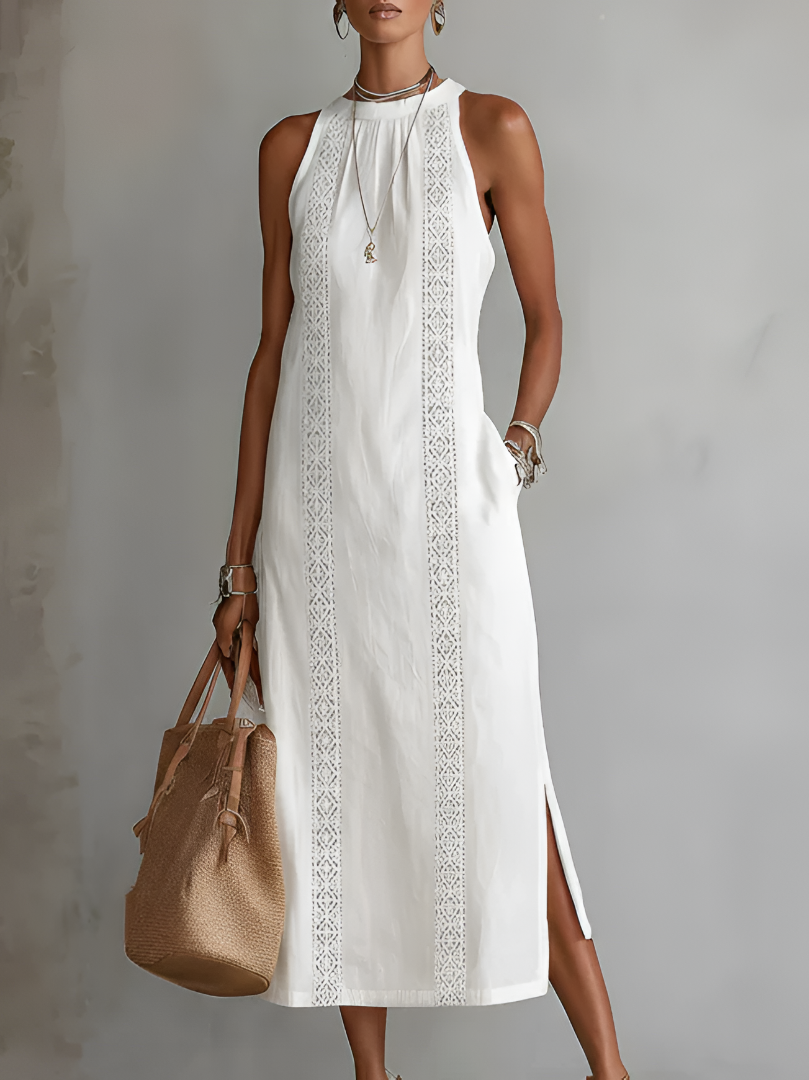 Women Dress | Relaxed Fit Midi Length with Lace Panel Pockets