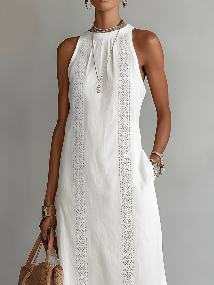 Women Dress | Relaxed Fit Midi Length with Lace Panel Pockets