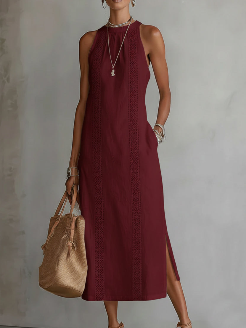 Women Dress | Relaxed Fit Midi Length with Lace Panel Pockets