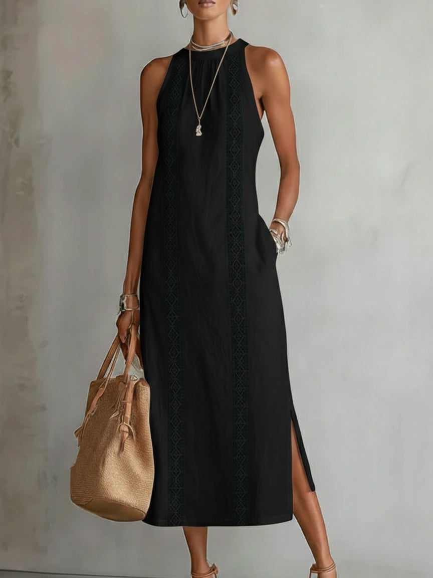 Women Dress | Relaxed Fit Midi Length with Lace Panel Pockets