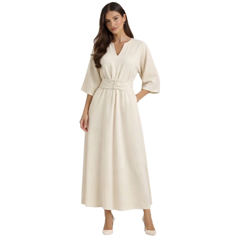 Maxi Dress Women Belted Waist With Bell Shaped Sleeves