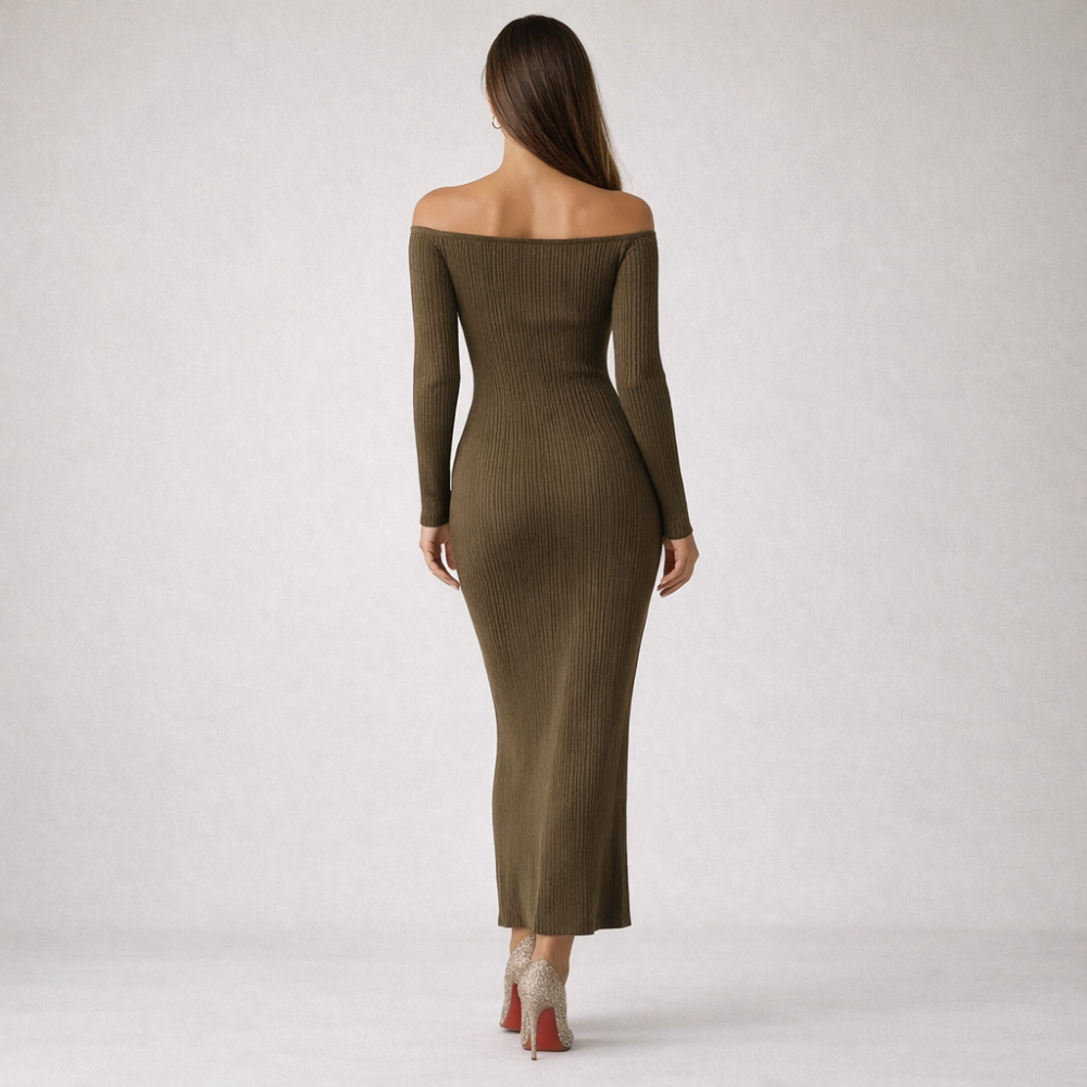A woman with long brown hair wears the Evergreen Outfits Maxi Dress for women, featuring an off-shoulder neckline and fitted ribbed olive green style. She stands against a plain light background, facing away in high heels.