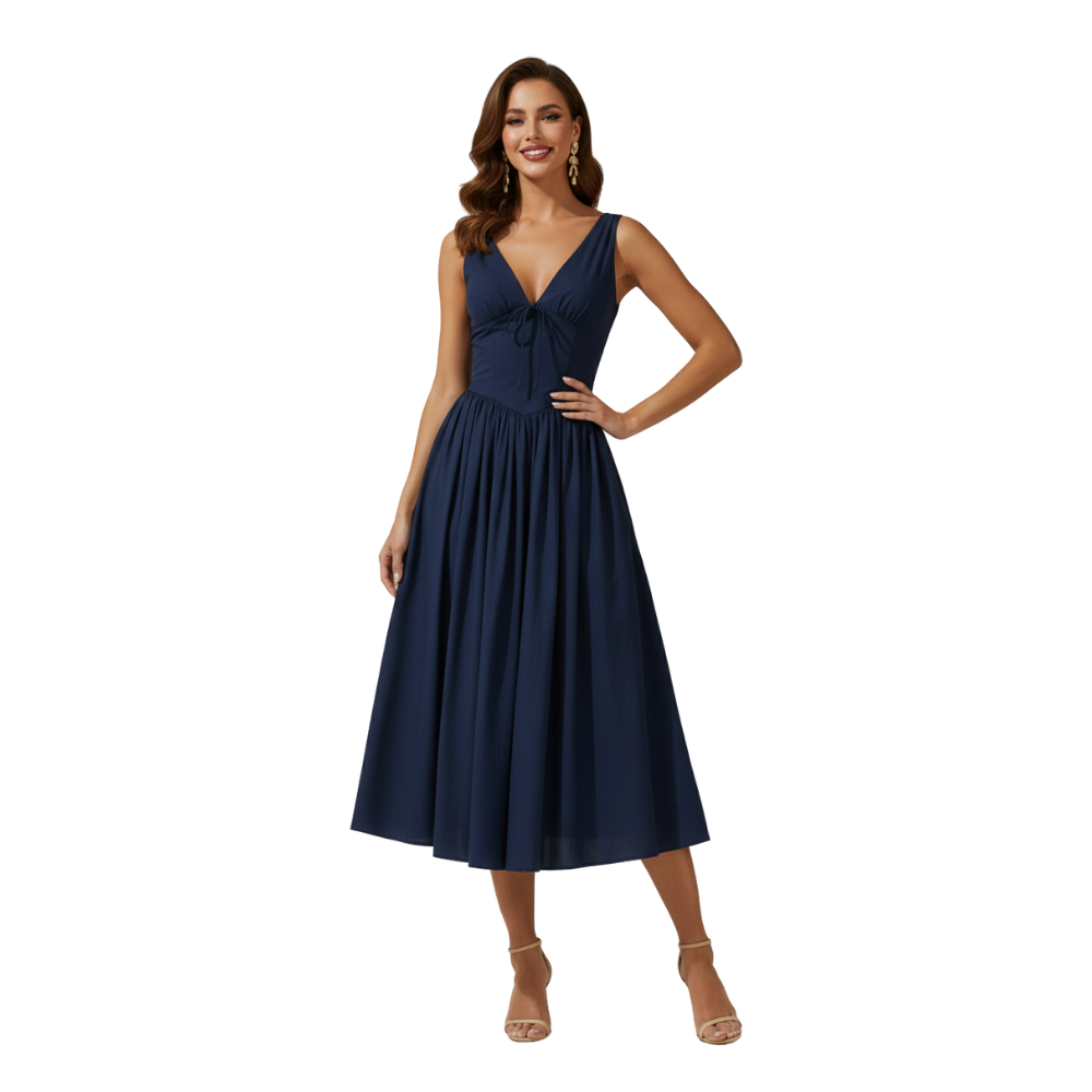 Midi Dress Women Plunge V Neck Sleeveless Fitted Bodice