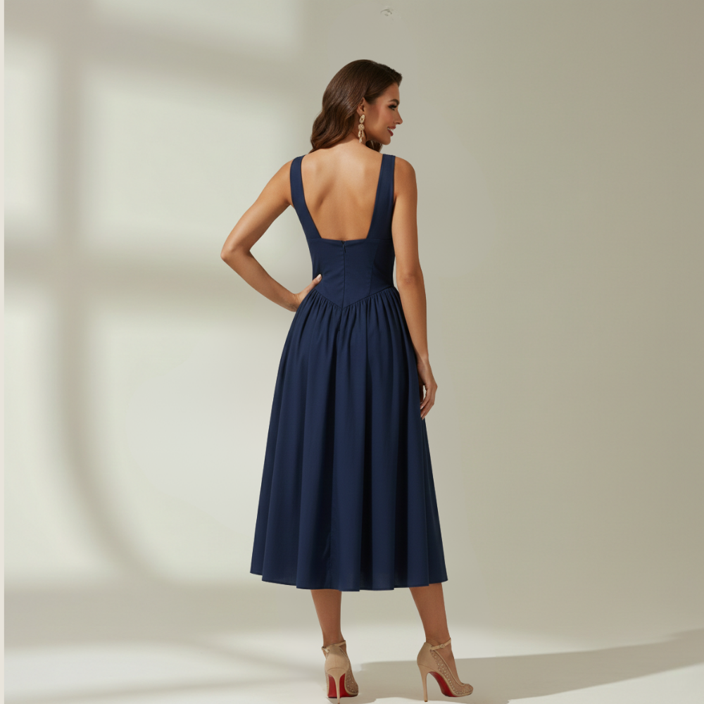 Midi Dress Women Plunge V Neck Sleeveless Fitted Bodice