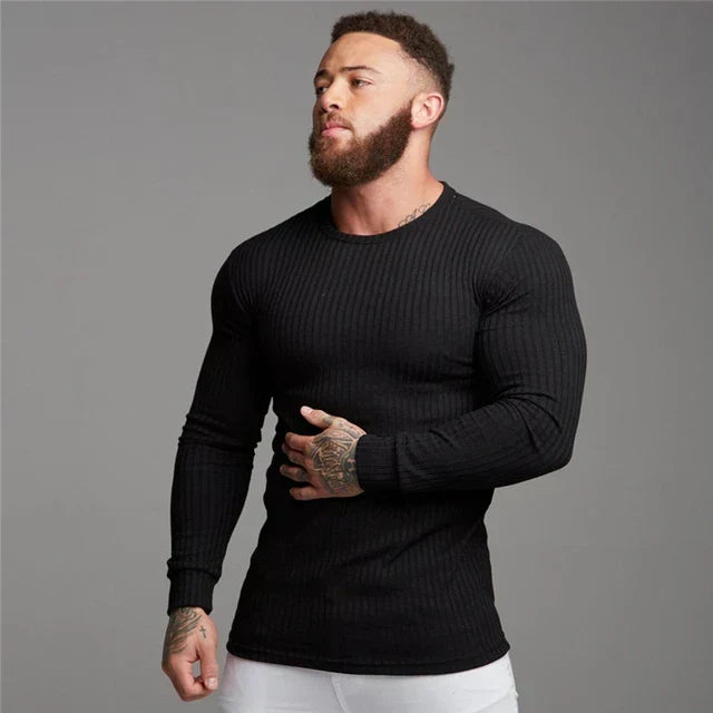 Men Sweatshirt | Fitted Crew Neck Knit Pullover Long Sleeve
