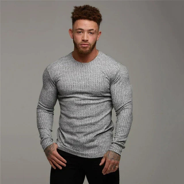 Men Sweatshirt | Fitted Crew Neck Knit Pullover Long Sleeve