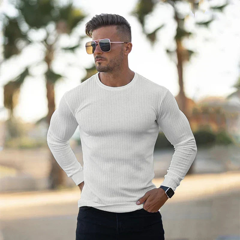 Men Sweatshirt | Fitted Crew Neck Knit Pullover Long Sleeve